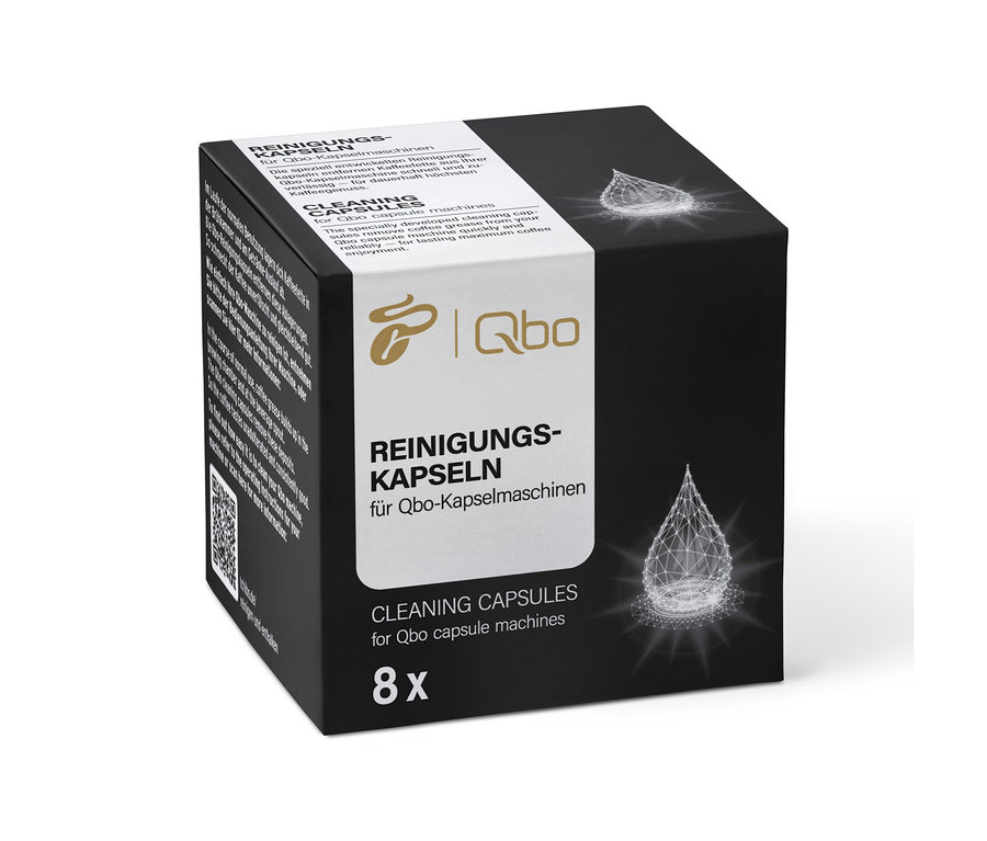 Un paquet de capsules de nettoyage Qbo pour machines à café Qbo, le paquet contient 8 capsules.