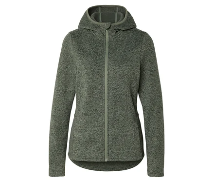 Une veste polaire à capuche vert chiné avec une fermeture éclair intégrale.