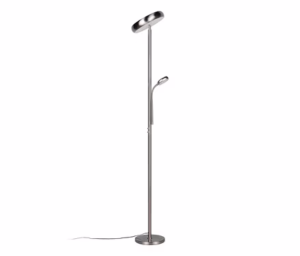 Lampadaire LED Reality « Palermo » argenté avec base ronde, un éclairage indirect et une liseuse flexible.