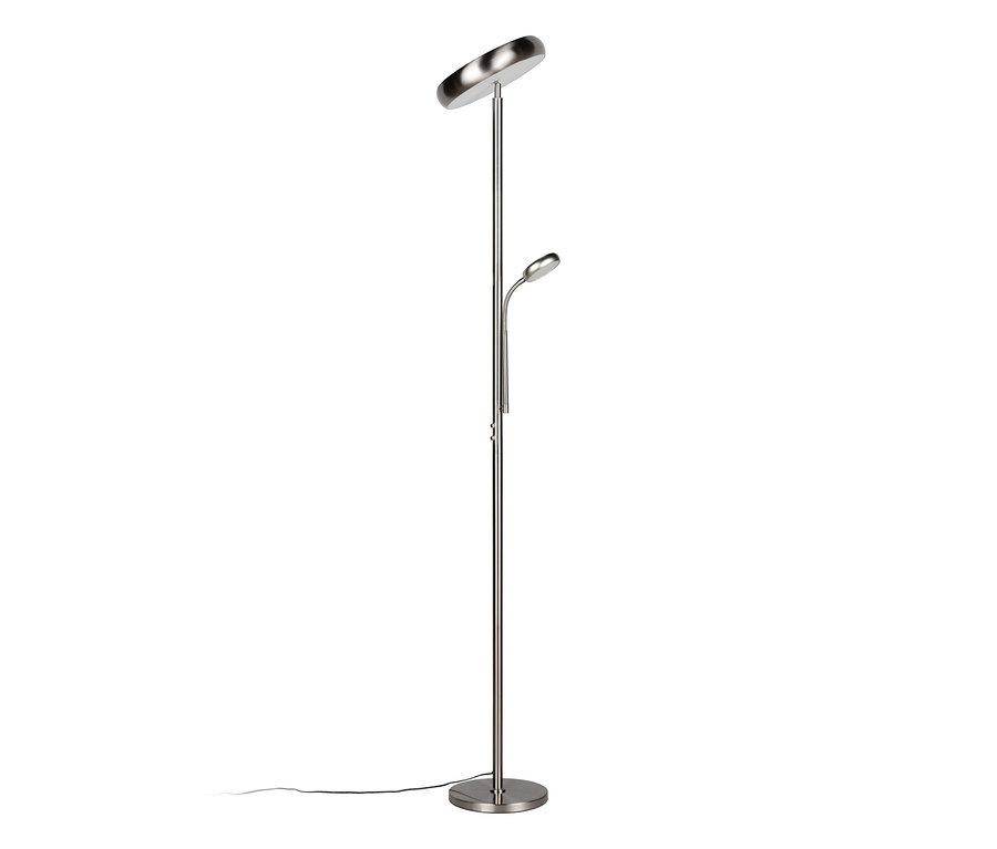 Lampadaire LED Reality « Palermo » argenté avec base ronde, un éclairage indirect et une liseuse flexible.