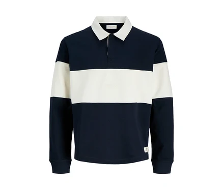 Jack&Jones Polo Sweater à manches longues, rayé bleu marine et crème, avec un col blanc et une patte de boutonnage à deux boutons.