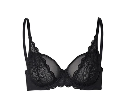 Soutien-gorge noir à armatures avec bretelles réglables et dentelle.