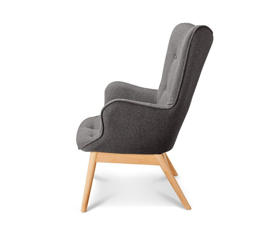 Vue latérale d'un fauteuil individuel gris foncé avec repose-pieds.