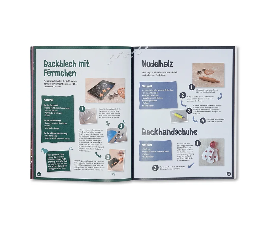 Un livre ouvert présente des instructions pour fabriquer des décorations à partir du livre »Kreative Ideen rund um die Wichteltür«.