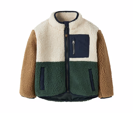 Veste polaire multicolore crème, vert foncé et marron avec fermeture éclair intégrale et poche poitrine.