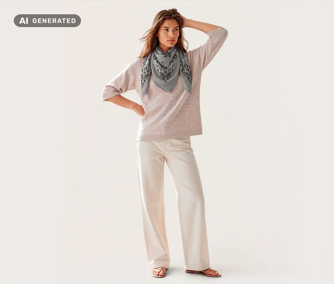 Une femme porte un bandana tricoté en laine et cachemire gris à motif cachemire, un haut rose pâle et un pantalon clair, debout et regardant sur le côté.