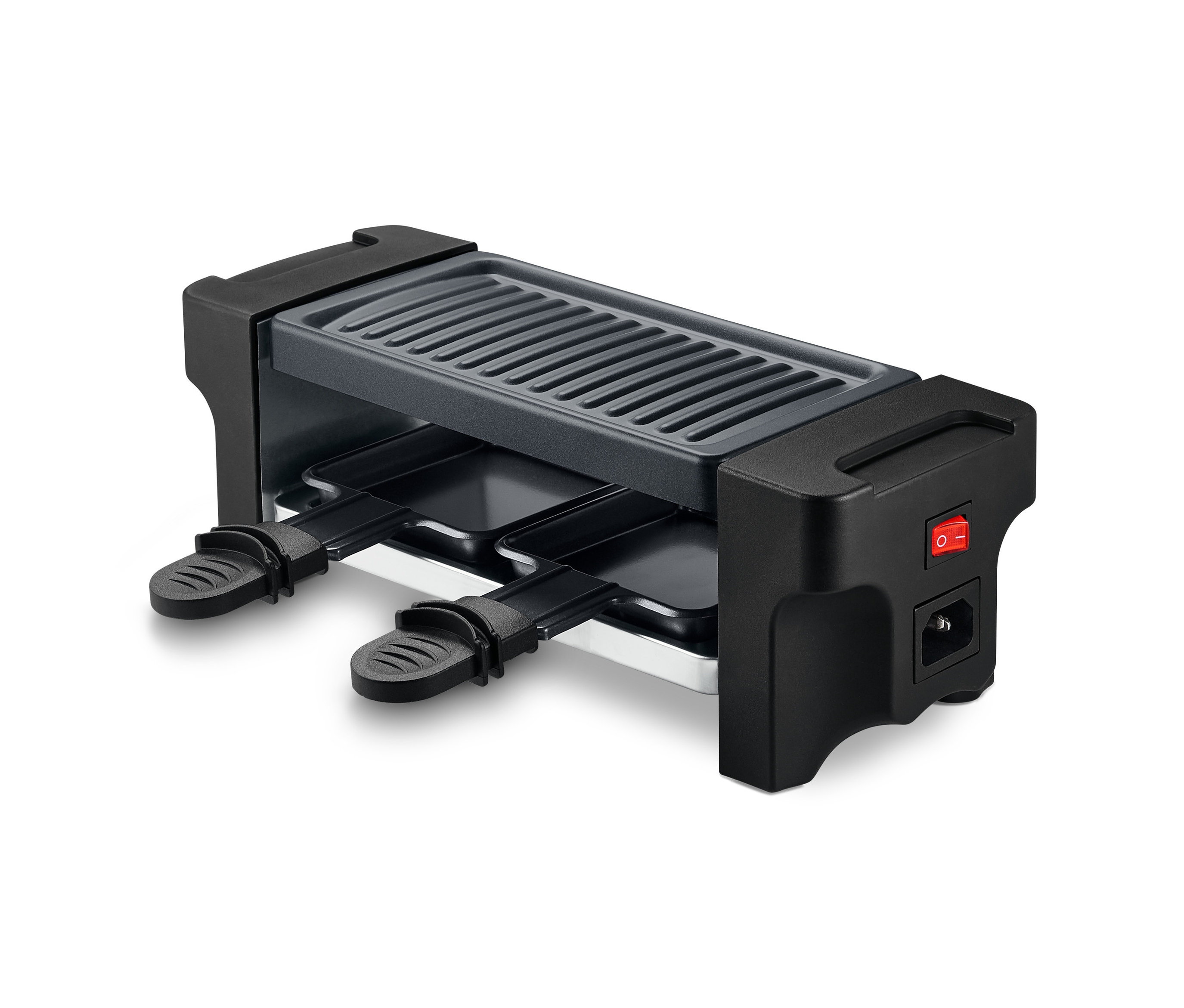 Appareil à raclette noir pour deux personnes avec interrupteur.