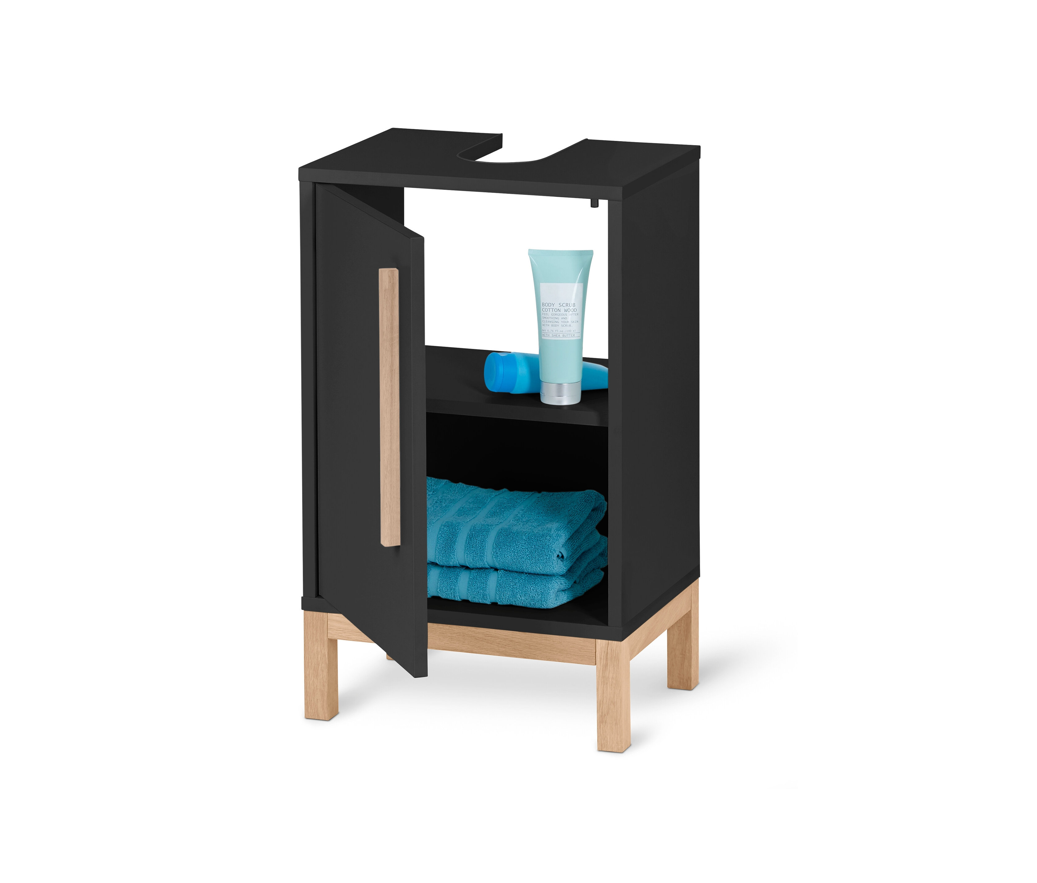 Petit meuble sous vasque « Eklund » anthracite avec porte ouverte, serviettes et produits cosmétiques à l'intérieur.