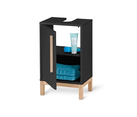 Petit meuble sous vasque « Eklund » anthracite avec porte ouverte, serviettes et produits cosmétiques à l'intérieur.