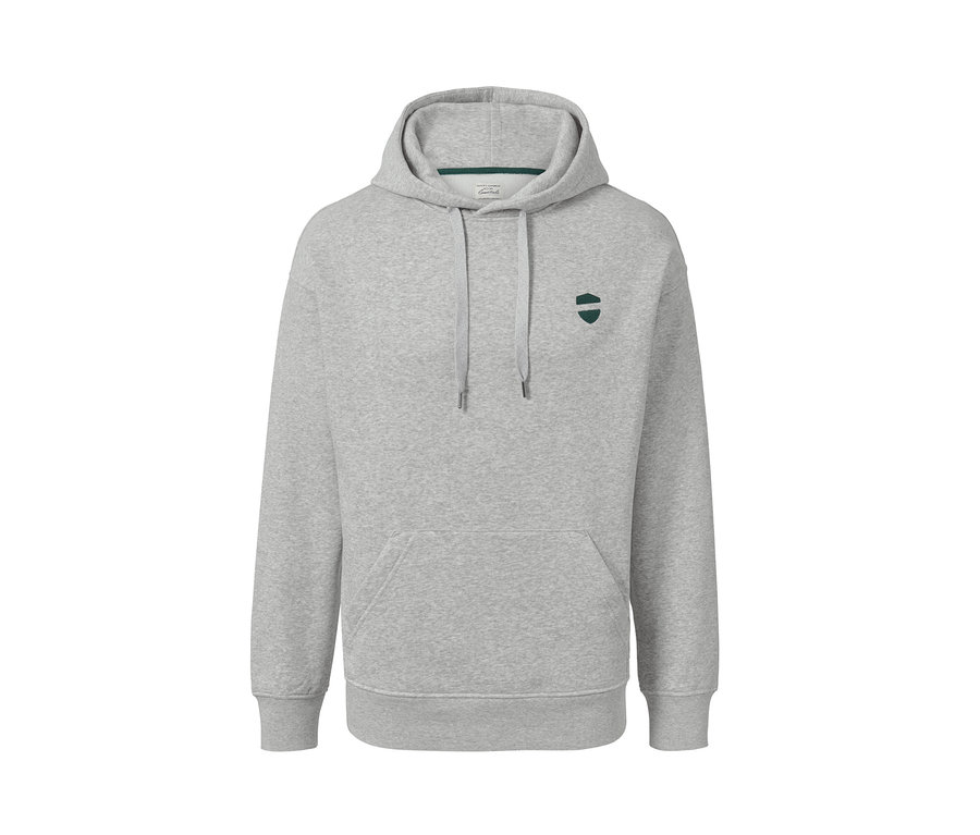 Sweatshirt à capuche gris chiné.