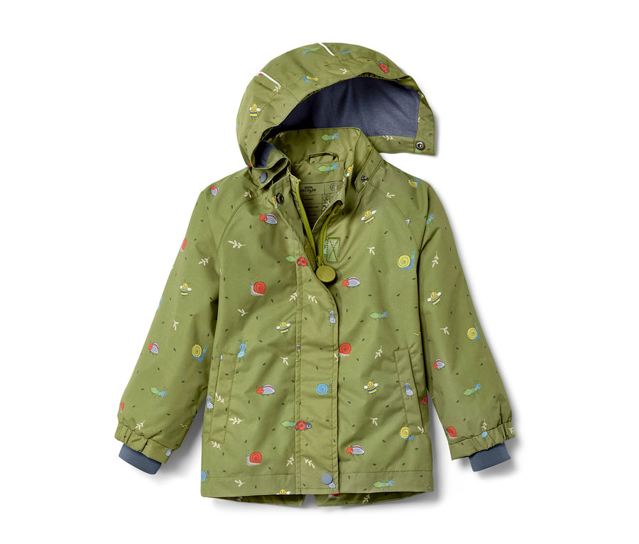 Veste de pluie verte pour enfant avec motif d'insectes.
