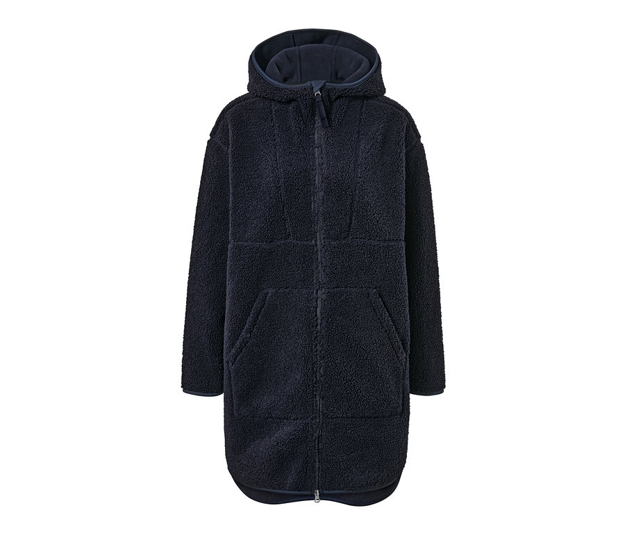 Un manteau en peluche oversize bleu marine avec capuche et fermeture éclair.