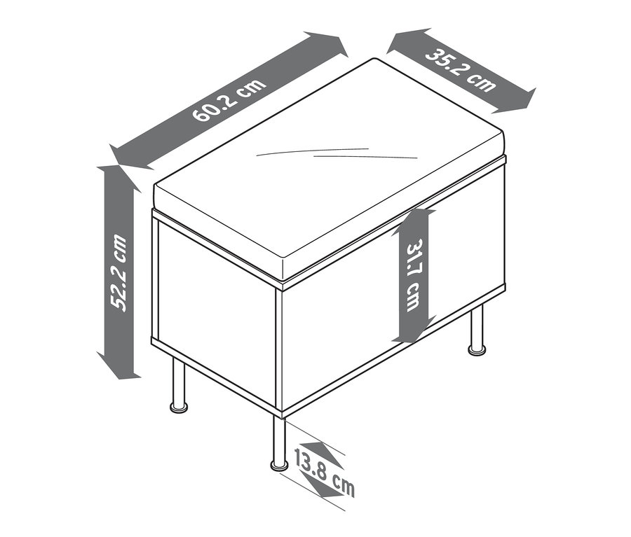 Illustration d'un banc avec compartiment de rangement et dimensions mises en évidence.