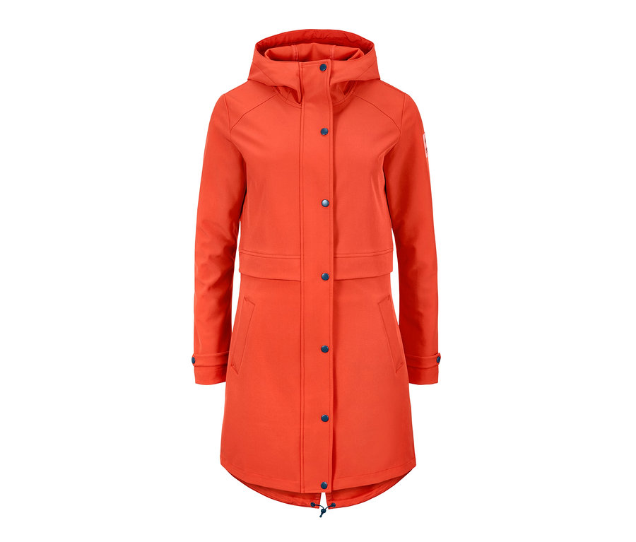 Manteau softshell orange avec capuche et boutons.