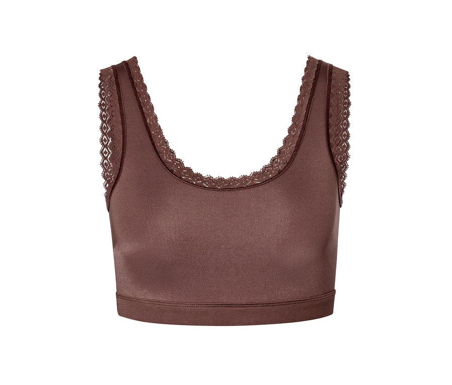 Bustier marron avec détails en dentelle.