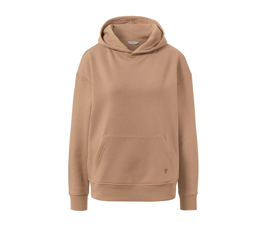 Un sweat à capuche beige.