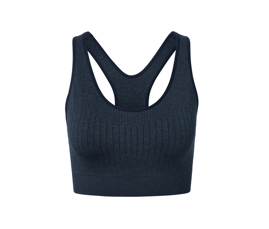 Brassière de sport sans coutures bleu foncé.