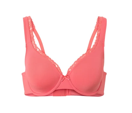 Soutien-gorge à armatures couleur papaye avec de la dentelle bordant l'encolure.