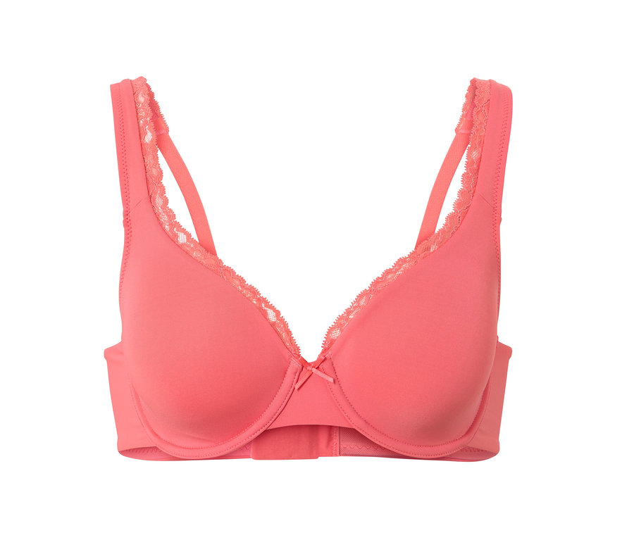 Soutien-gorge à armatures couleur papaye avec de la dentelle bordant l'encolure.