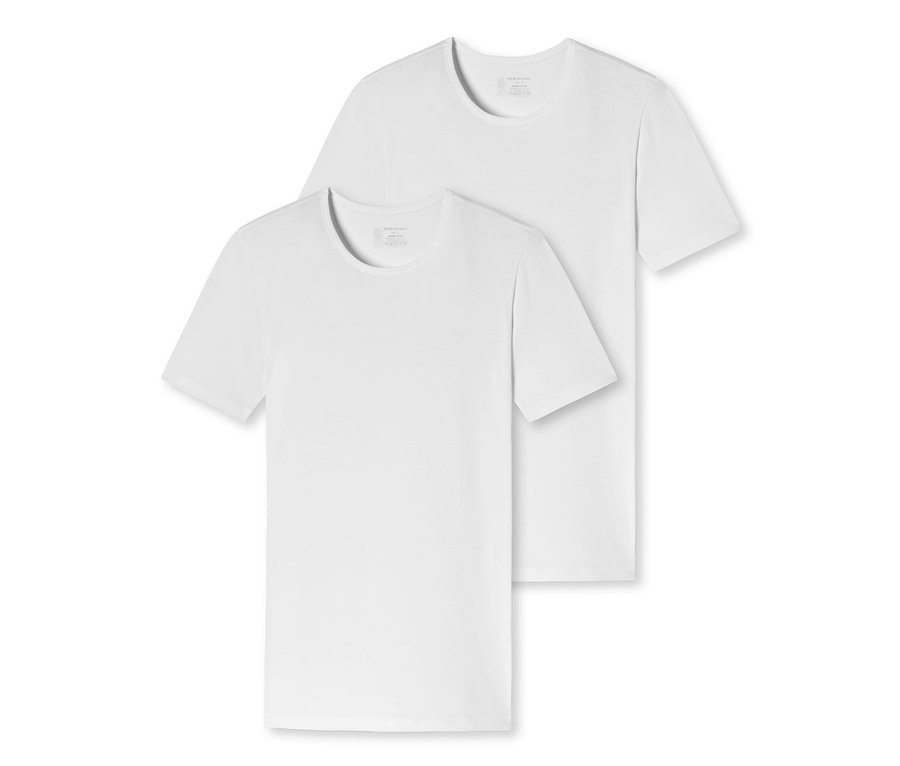 Deux t-shirts blancs SCHIESSER en coton bio sont posés l'un sur l'autre.
