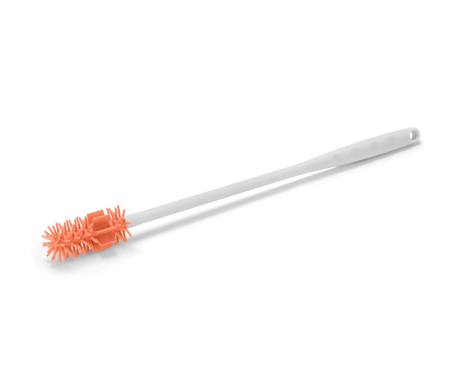 Une brosse de nettoyage pour bouteilles avec des poils orange et un manche blanc repose sur un fond blanc.