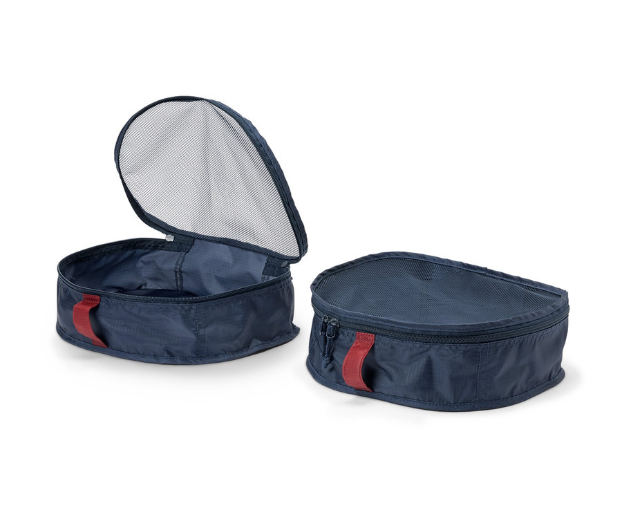 Deux organisateurs de sac à dos bleus, un ouvert et un fermé.