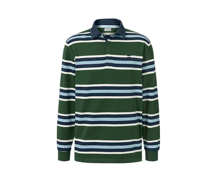 Un polo vert à manches longues avec des rayures horizontales bleues et blanches.