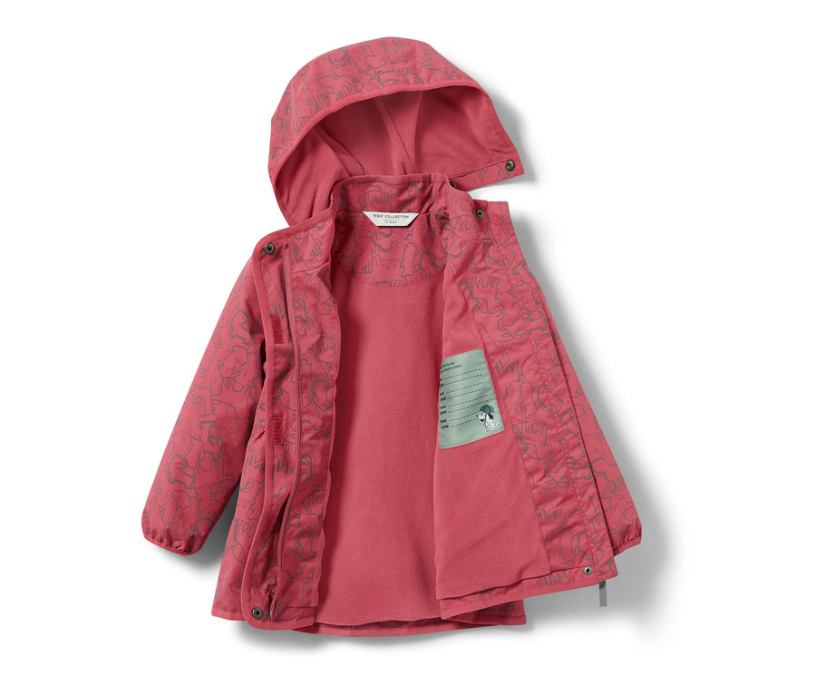 Veste de pluie thermique ouverte pour enfant avec éléments réfléchissants en rose avec capuche et motif gris.