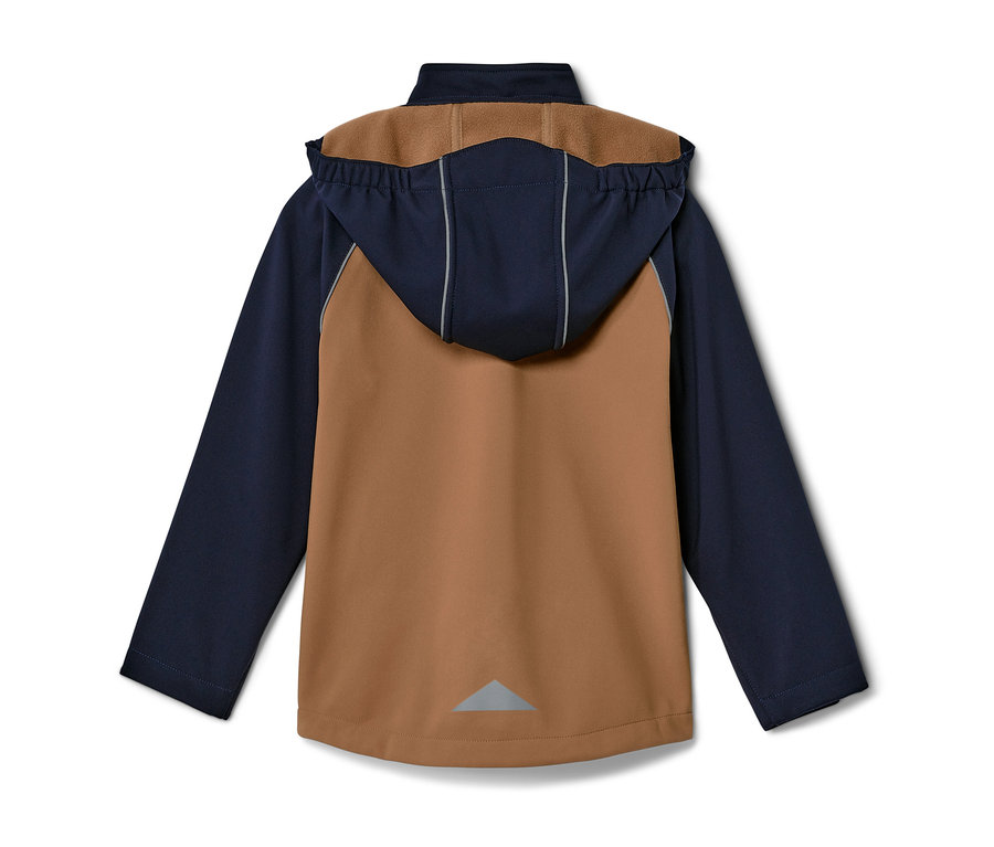 Vue arrière d'une veste softshell pour enfant avec capuche en marron et bleu marine.