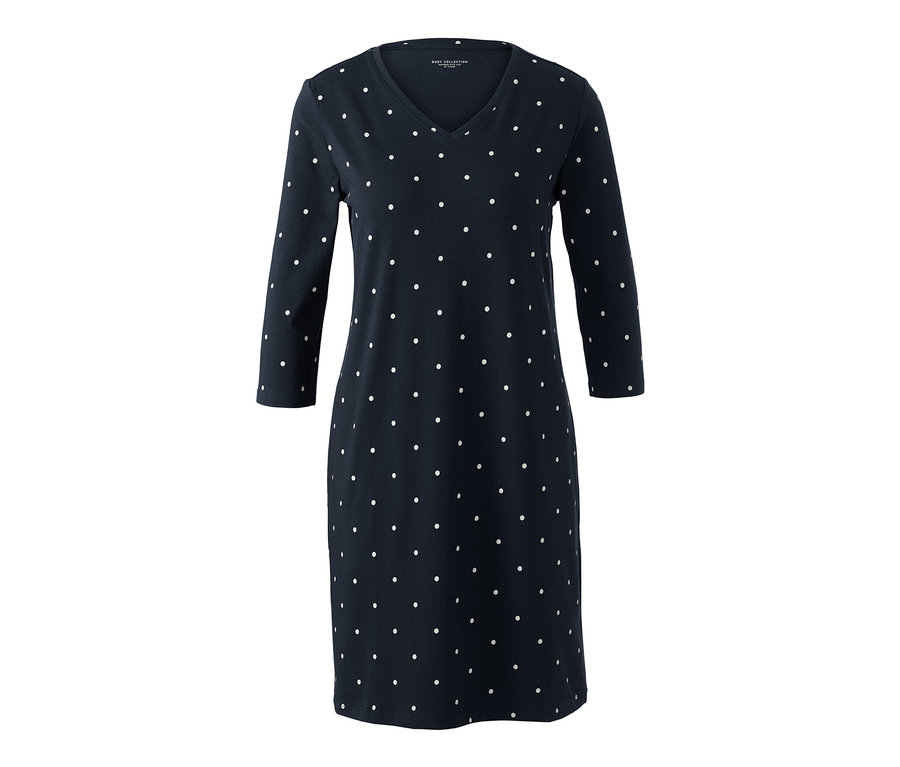 Chemise de nuit bleu marine à pois blancs et manches 3/4.