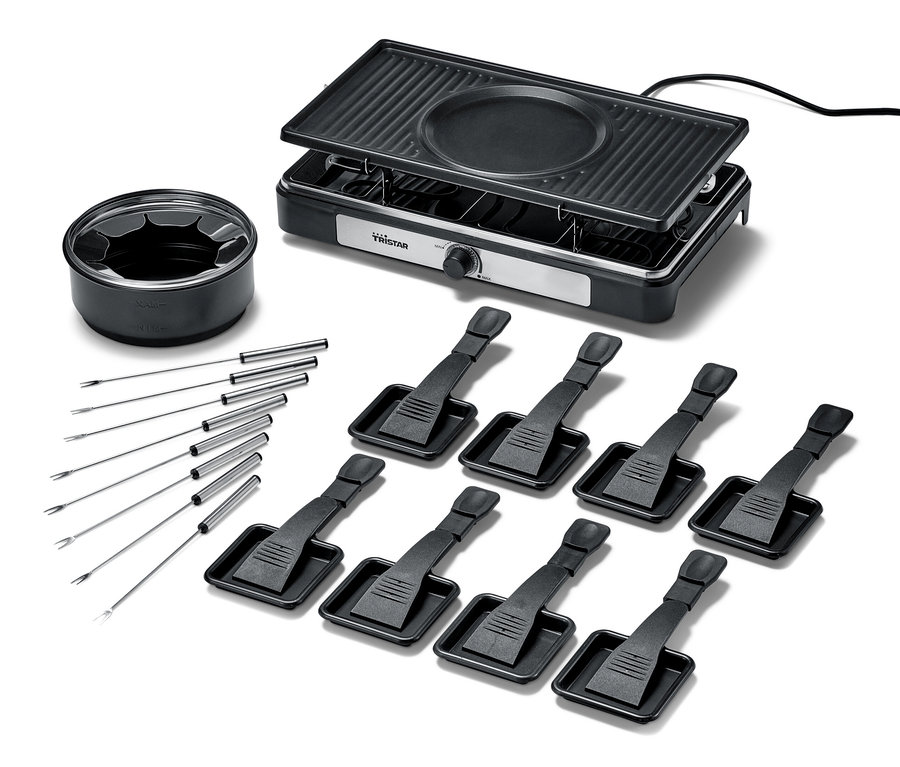 Gril à raclette et fondue 2-en-1 noir avec pot à fondue, huit spatules et fourchettes.