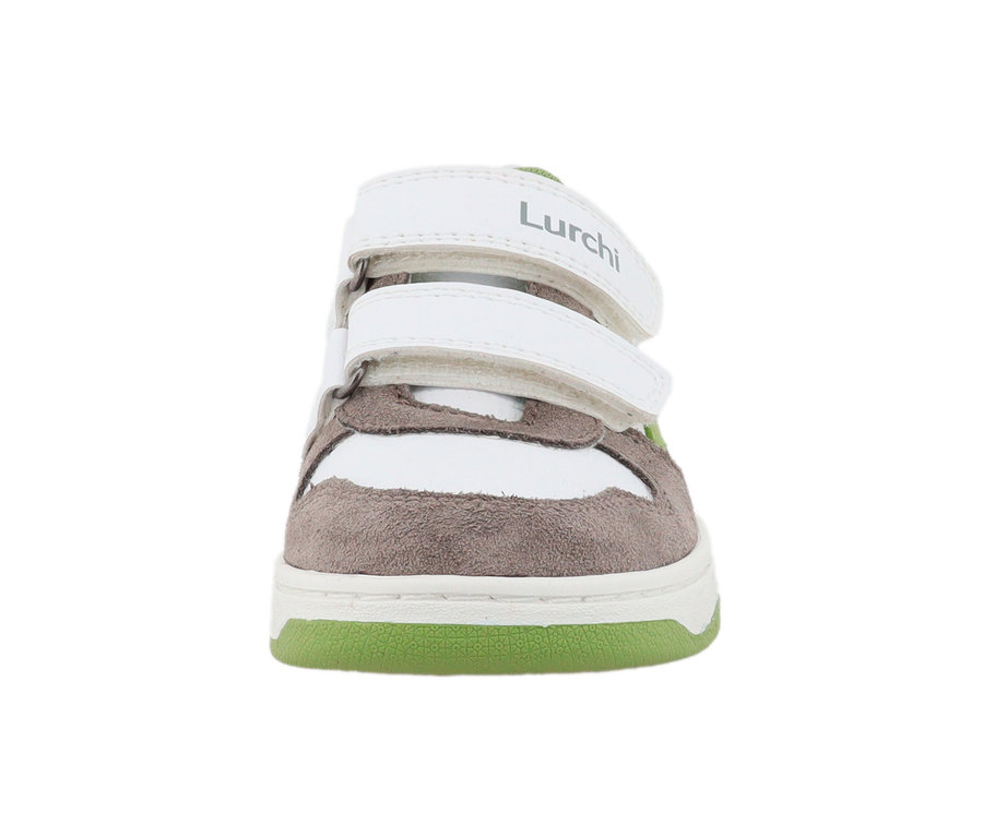 Vue de face de baskets Lurchi gris/vert avec des fermetures Velcro blanches.
