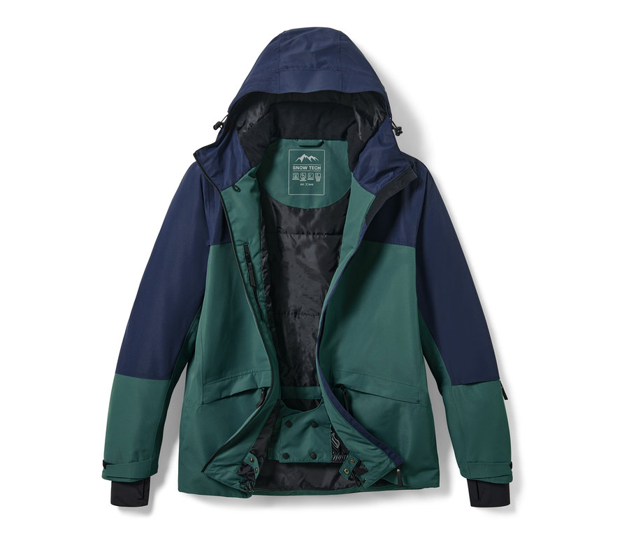 Veste de ski ouverte, bleue et verte.