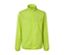 Veste de course coupe-vent vert fluo avec fermeture éclair et motif sur le haut.