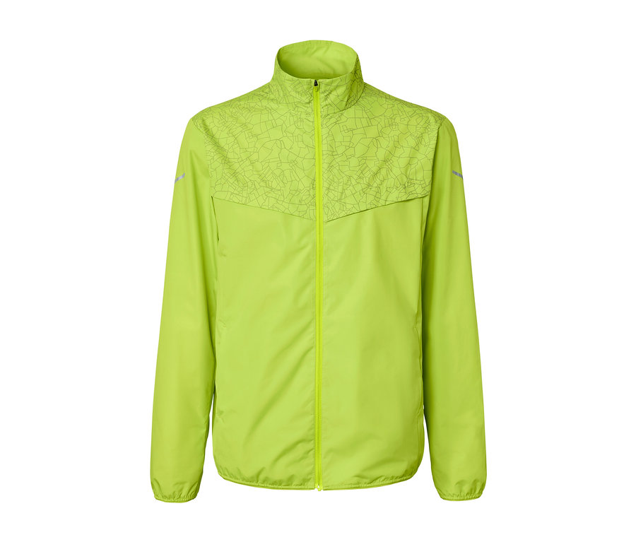 Veste de course coupe-vent vert fluo avec fermeture éclair et motif sur le haut.