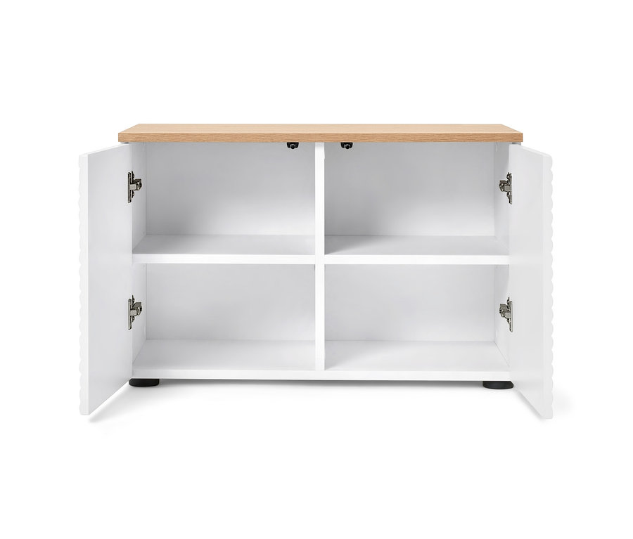 Un banc blanc ouvert avec espace de rangement.