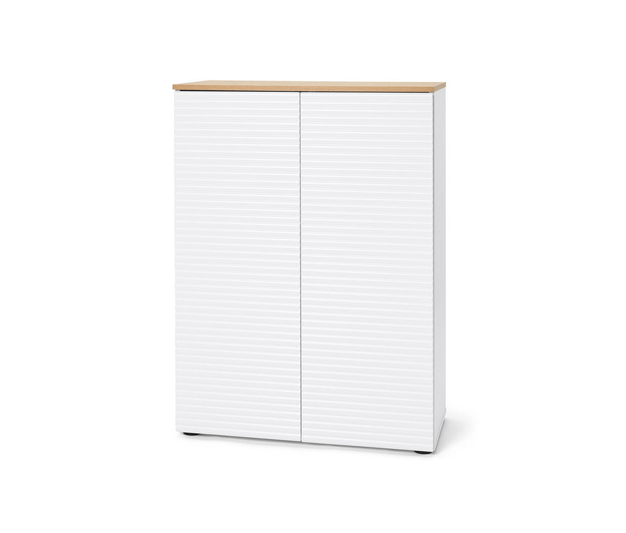 Armoire à chaussures blanche avec plateau en bois.