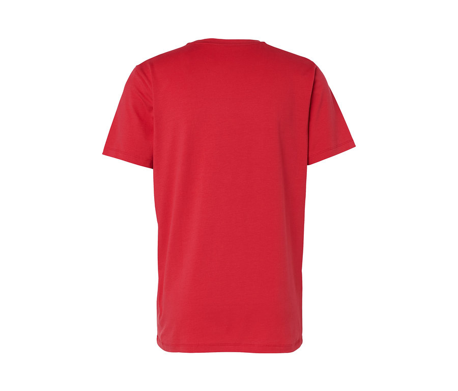 T-shirt imprimé rouge, présenté de dos.