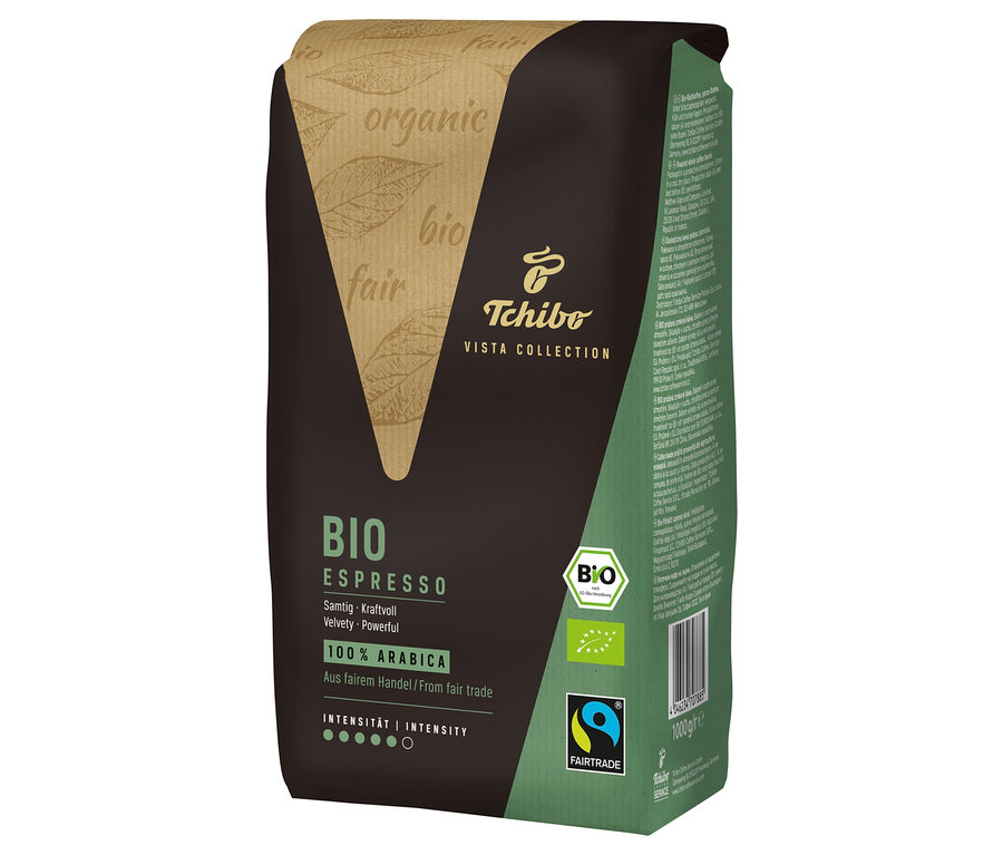 Un paquet de café Vista Collection Bio Espresso en grains – 1x 1 kg. L'emballage est marron avec des inscriptions en vert et beige. Les logos bio et fairtrade figurent sur l'emballage.