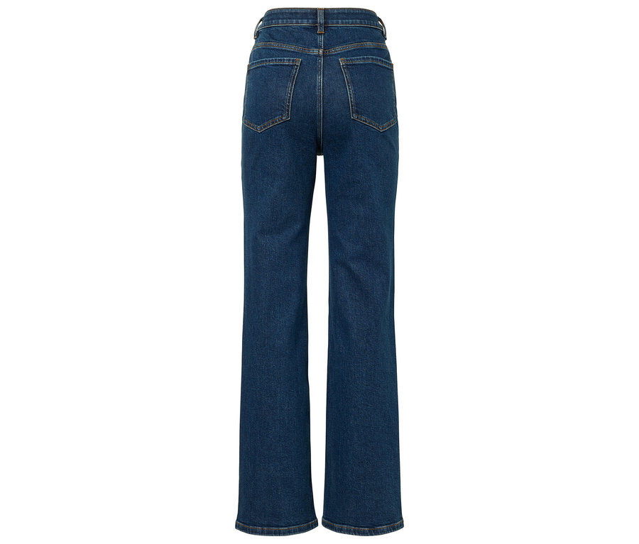 Vue arrière d'un jean taille haute bleu foncé.