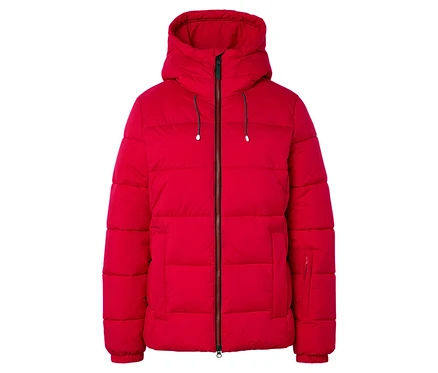 Doudoune rouge avec capuche et fermeture éclair.