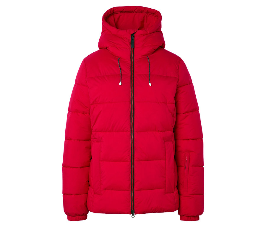 Doudoune rouge avec capuche et fermeture éclair.