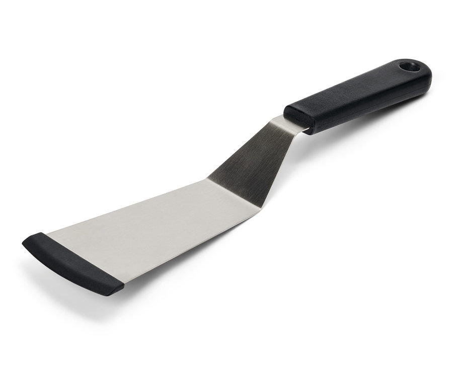 Une spatule avec une tête argentée et un manche noir.