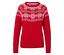 Pull rouge avec des flocons de neige blancs.
