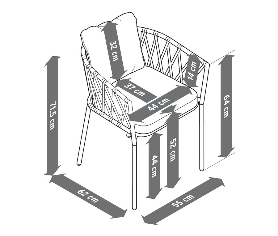 Les dimensions d'un fauteuil pour table à manger avec tressage textile (lot de 2) sont indiquées par des flèches.