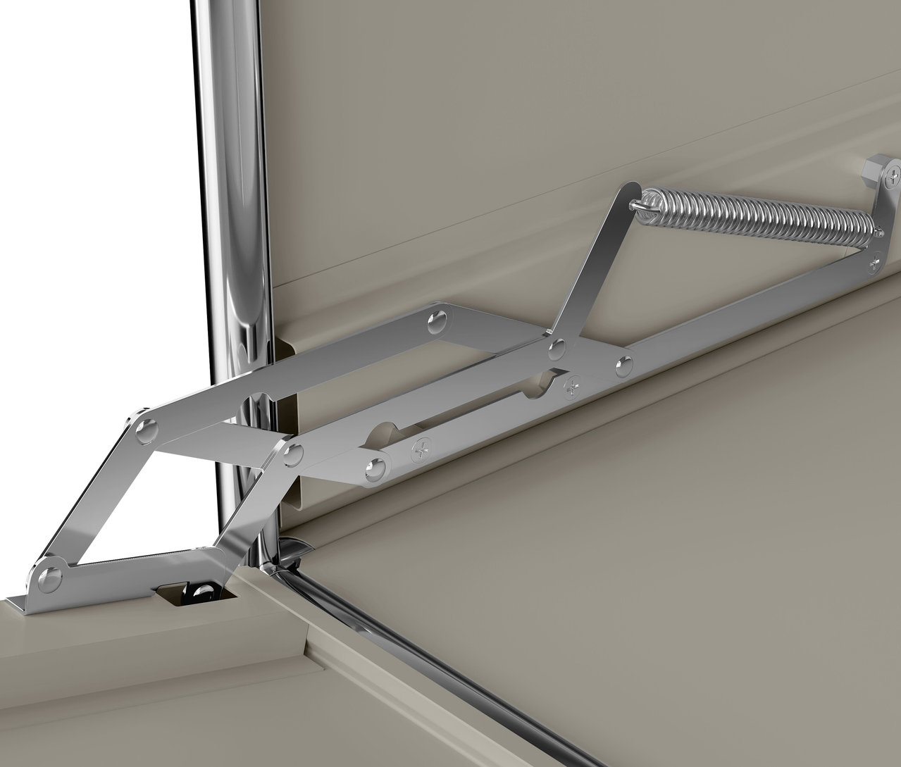 Vue détaillée du mécanisme à charnière du buffet en métal gris clair « CN3 » à 1 abattant.