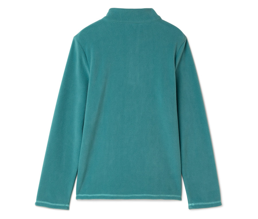 Gros plan d'un pull en polaire turquoise à manches longues avec fermeture éclair au col.