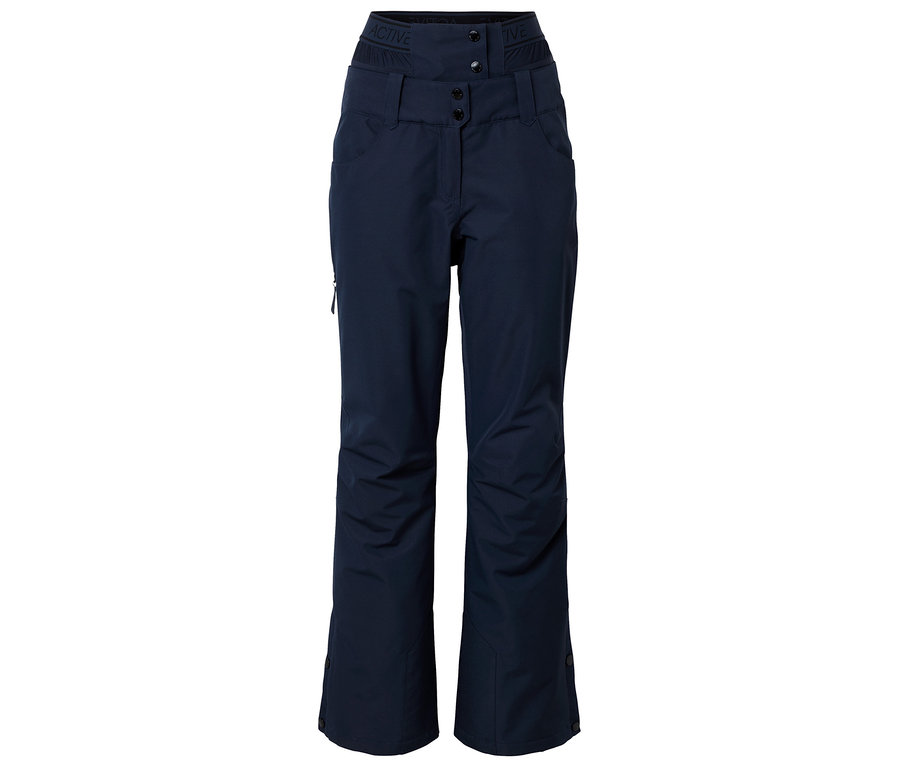 Pantalon de ski bleu marine à taille haute avec fermeture à boutons.