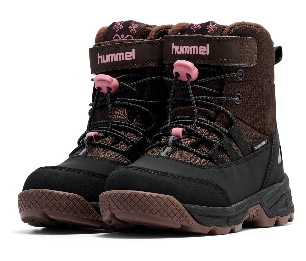 Deux bottes de neige Tex HUMMEL, rose, noir et marron.