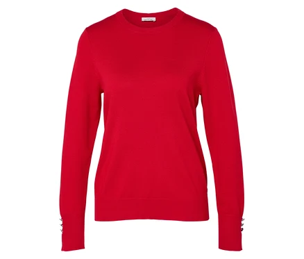 Pull rouge à manches longues avec boutons aux poignets.